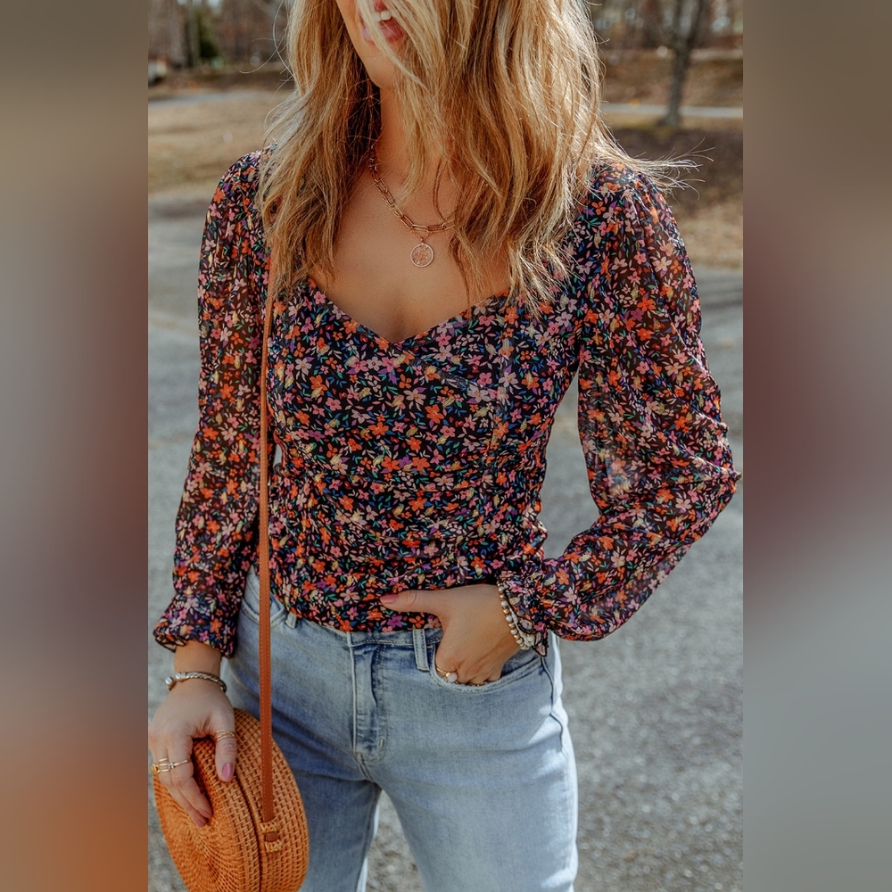 Floral Long Sleeve Flounce Blouse